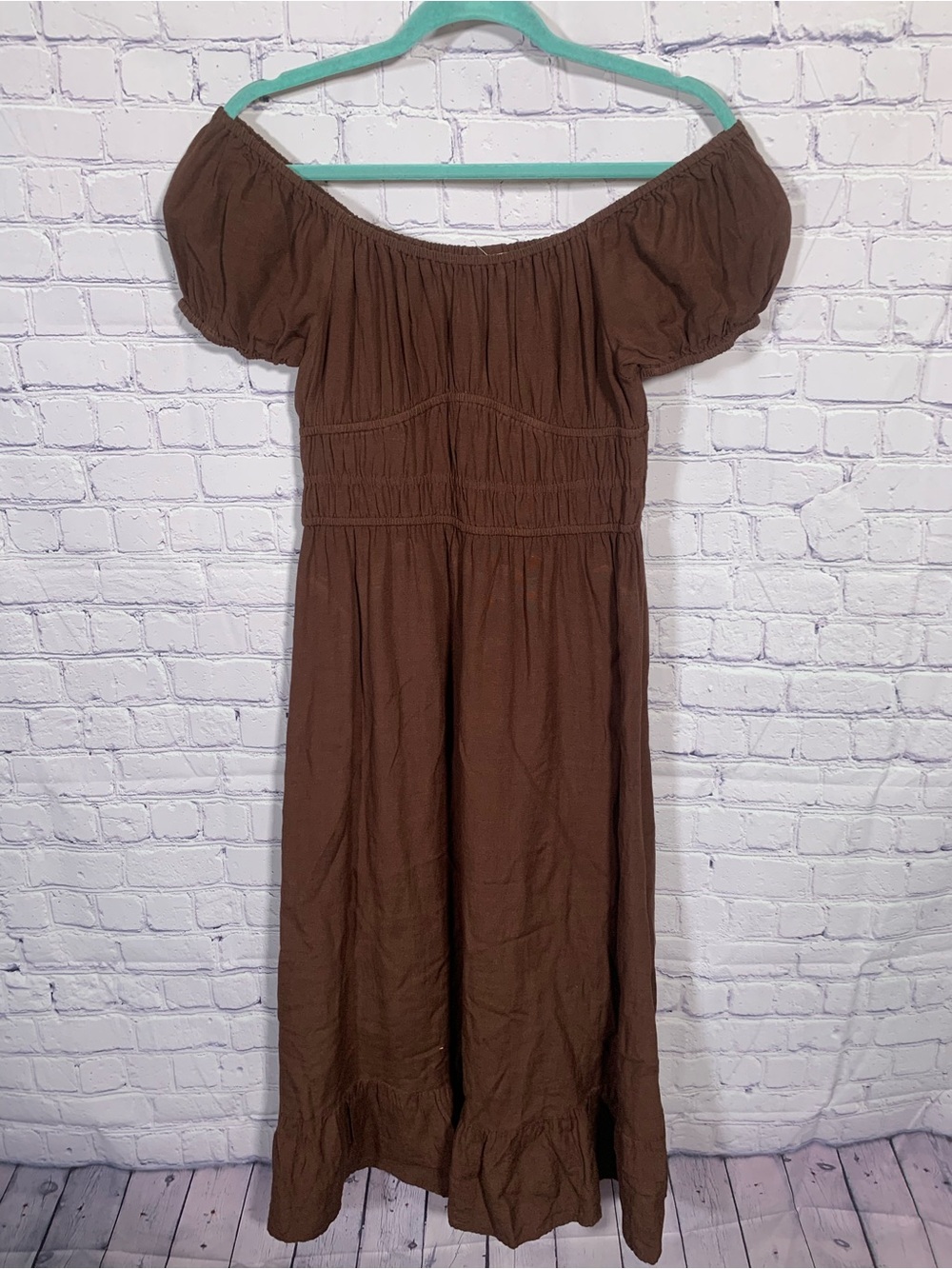 Sim & Sam Womens Off the Shoulder Linen Blend Maxi Dress Brown Sz L Cottagecore
